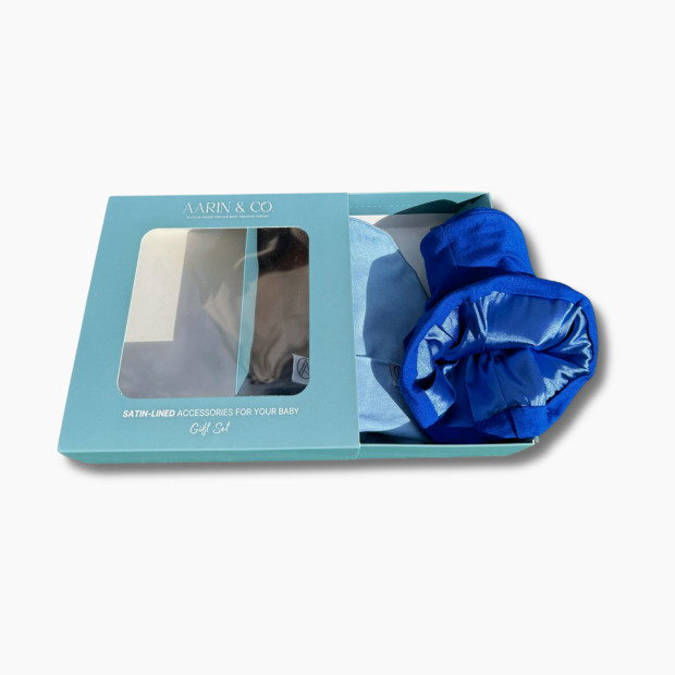 Aarin & Co. Newborn Satin Lined Jersey Beanie Gift Set - Black, Sapphire Blue, Light Blue, 0-3 M.