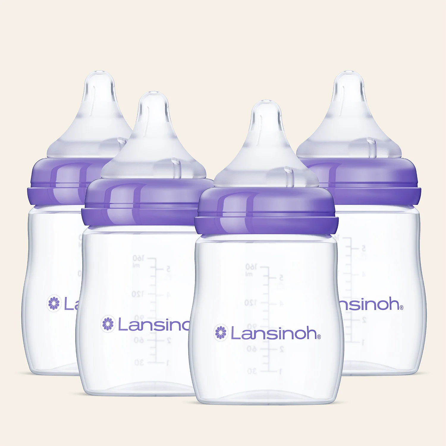 Lansinoh Anti-Colic Baby Bottles for Breastfeeding Babies, 5 Ounces, 4 Count, Includes 4 Extra Slow Flow Nipples, Size XS