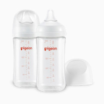 Pigeon Glass Nursing Bottle Wide Neck, Anti-Colic, Streamlined Body, Natural Feel, Easy to Clean, Heat-Resistant, 8.1 Oz(Pack of 2), Includes 2pcs M Nipples (3m+)