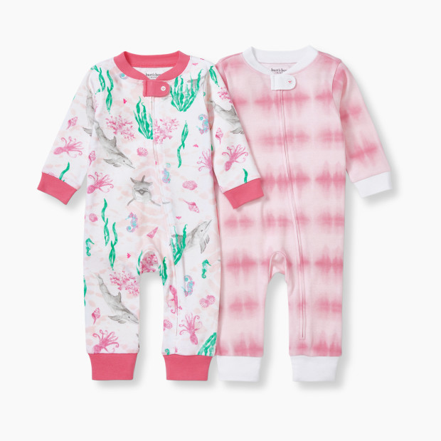 Burt's Bees Baby 2 Pack Sleep & Play Pajamas Organic Cotton - White/Pink, 0-3 Months.
