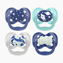 Dr. Brown's Advantage Glow-in-the-Dark Baby Pacifier, Fully Symmetrical Soother with Soft Silicone Bulb, Blue Sunrise-Blue Ocean, 0-6m, BPA Free, 4 Pack