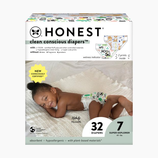 The Honest Company Clean Conscious Disposable Diapers - Barnyard Babies + It's A Pawty, Size 7, 32 Count.