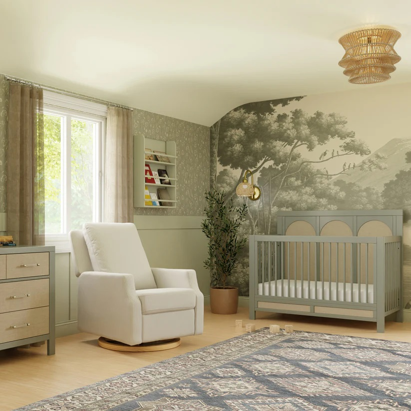 Namesake Crewe Recliner and Swivel Glider - Fog Chatham Stripe Performance Eco-Weave With Light Wood Base.