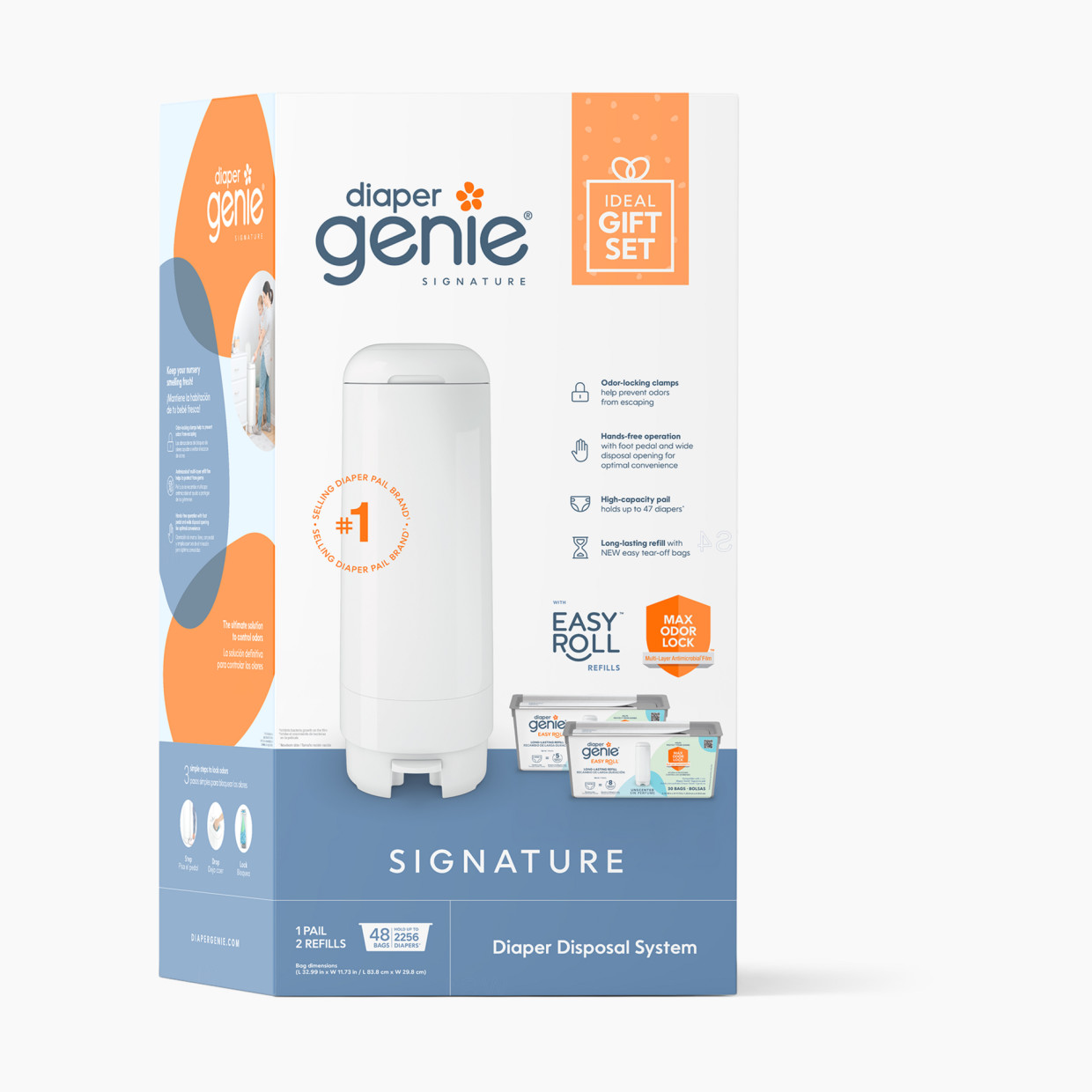Diaper Genie Signature Diaper Pail Gift Set with 48 Refill Bags - White, Unscented.