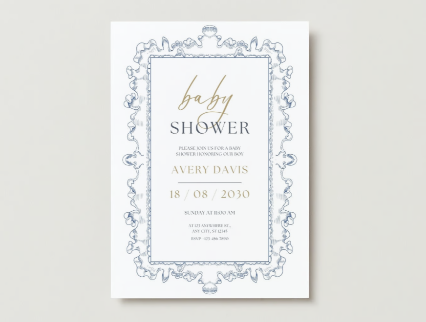 Blue Frame Minimalist Baby Shower Invitation.