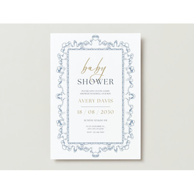 Blue Frame Minimalist Baby Shower Invitation.