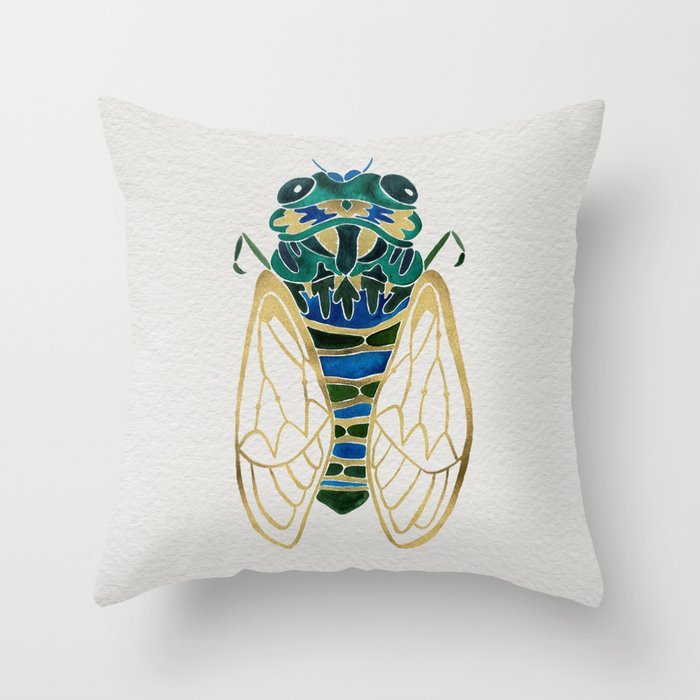 Cat Coquillette Green & Gold Cicada Throw Pillow.
