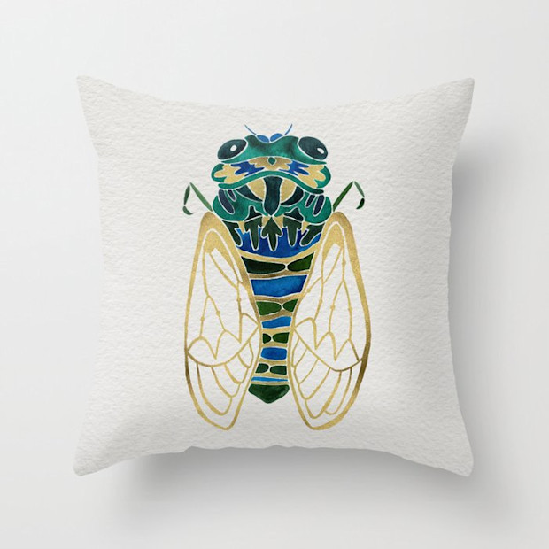 Cat Coquillette Green & Gold Cicada Throw Pillow.