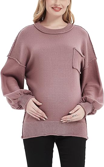 Bhome Maternity  Sweater Loose Knit Pullover Round Neck Drop Shoulder Lantern Sleeve Pocket Pregnancy Top.