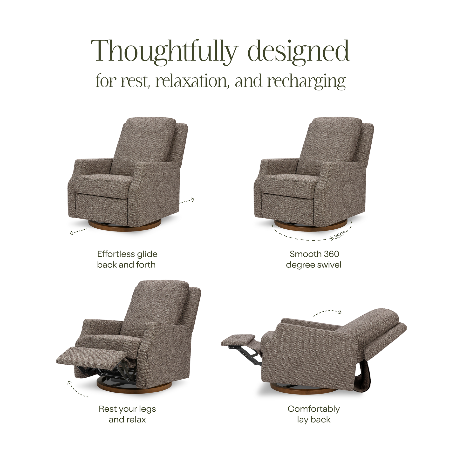 Namesake Crewe Manual Recliner and Swivel Glider - Performance Earth Slub Weave W/Dark Wood Base.