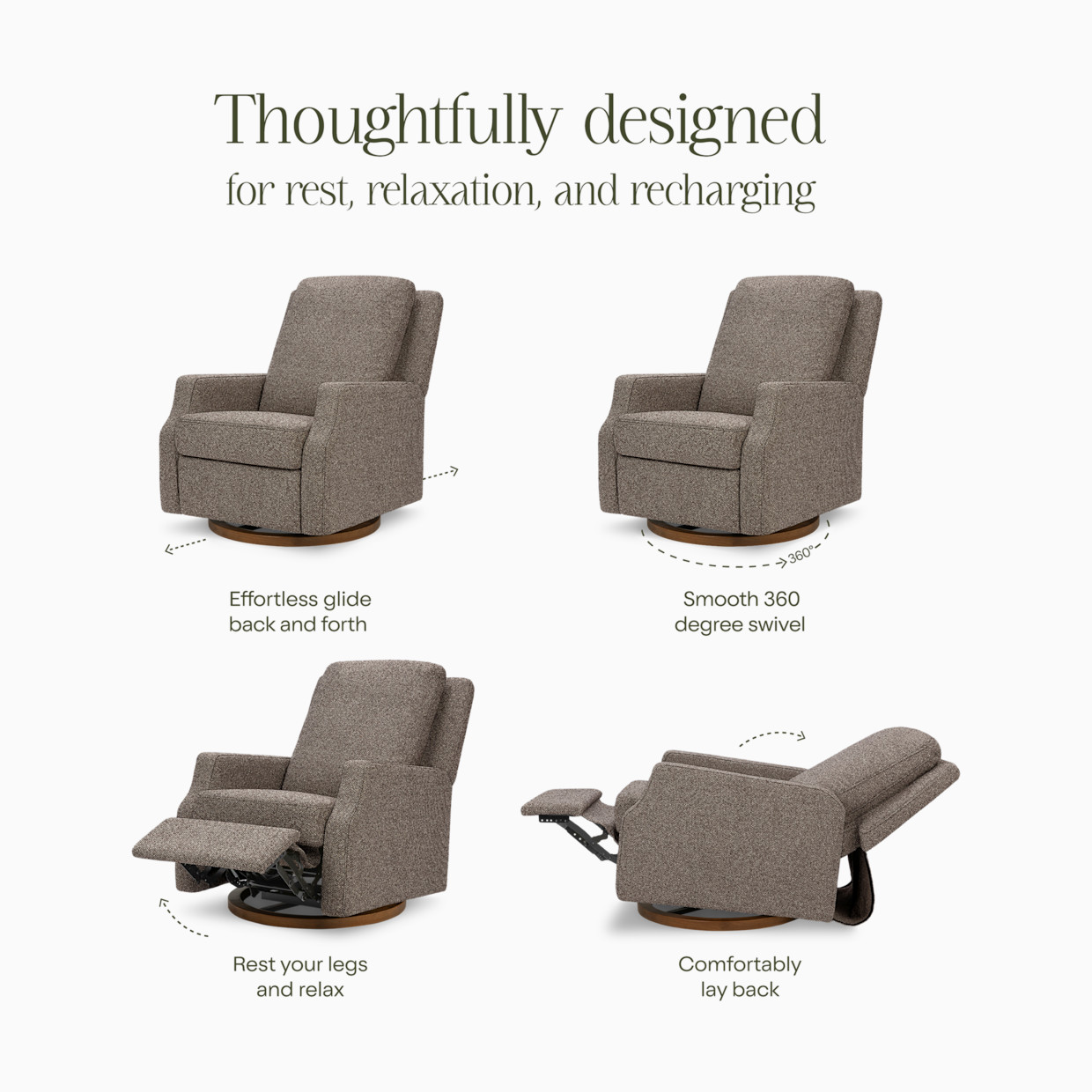 Namesake Crewe Manual Recliner and Swivel Glider - Performance Earth Slub Weave W/Dark Wood Base.