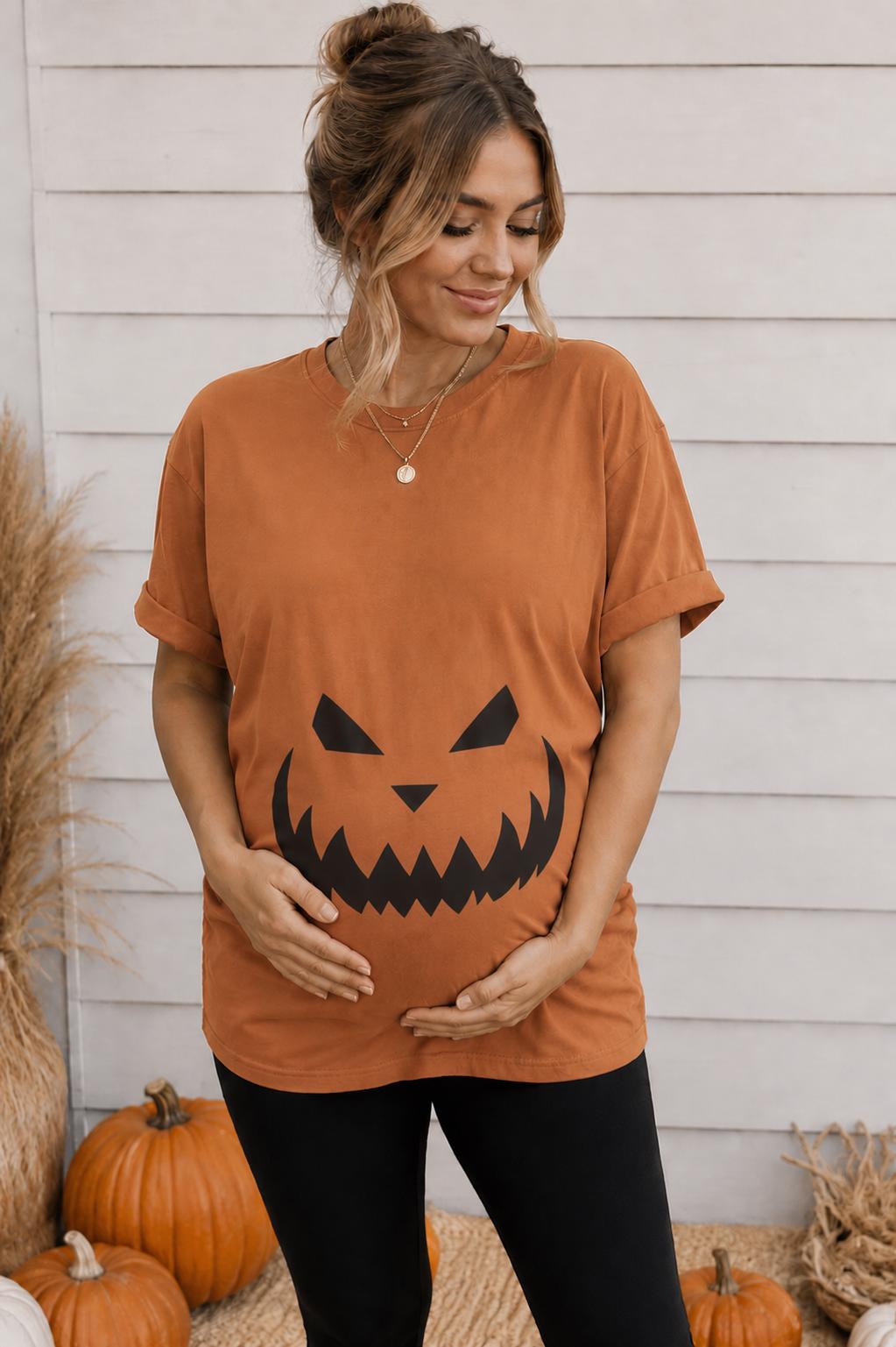 Kindred Works Shop Halloween Pregnancy Jack o Lantern Shirt.