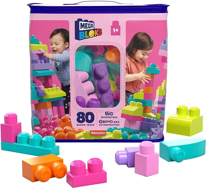 MEGA BLOKS  Fisher-Price Toddler Block Toys, Big Building Bag with 80 Pieces and Storage Bag.