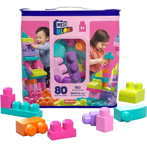 MEGA BLOKS Fisher-Price Toddler Block Toys, Big Building Bag with 80 Pieces and Storage Bag.