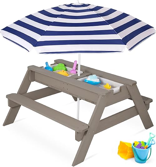 Best Choice Products 3-in-1 Sand & Water Table, Wood Outdoor Convertible Picnic Table w/Umbrella.