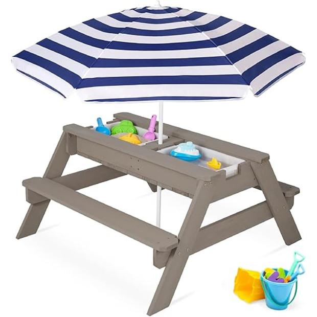 Best Choice Products 3-in-1 Sand & Water Table, Wood Outdoor Convertible Picnic Table w/Umbrella.