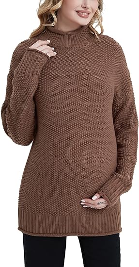 MOMOOD Maternity Sweater Long Sleeve Loose Knitted Oversized Turtleneck Pullover Pregnant Sweater Top.