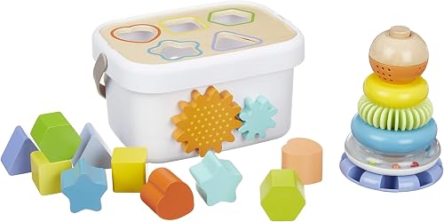 Amazon Basics  Wooden Shape Sorter and Rainbow Stacker.