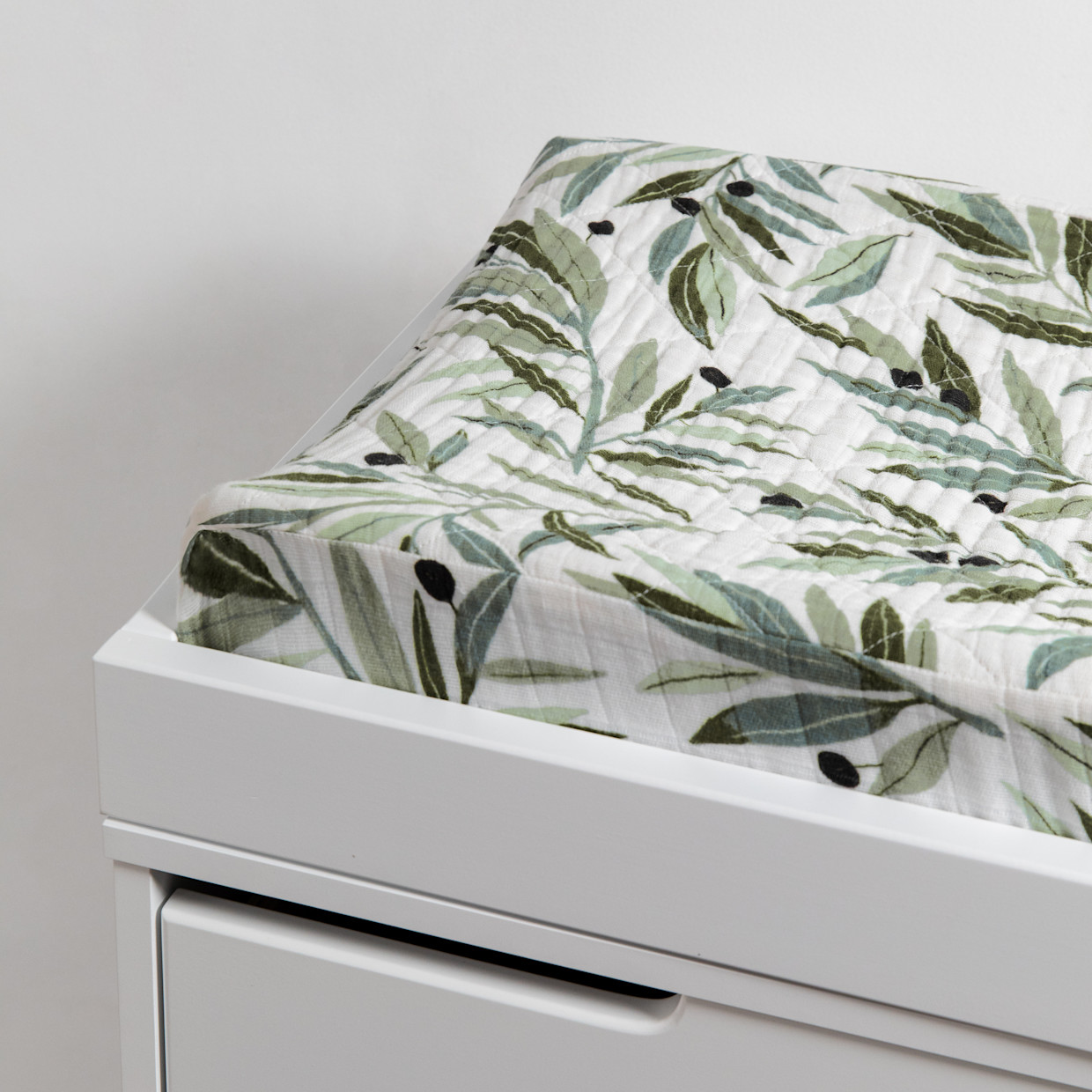 babyletto Quilted Changing Pad Cover in GOTS Certified Organic Muslin Cotton - Olive Branches.