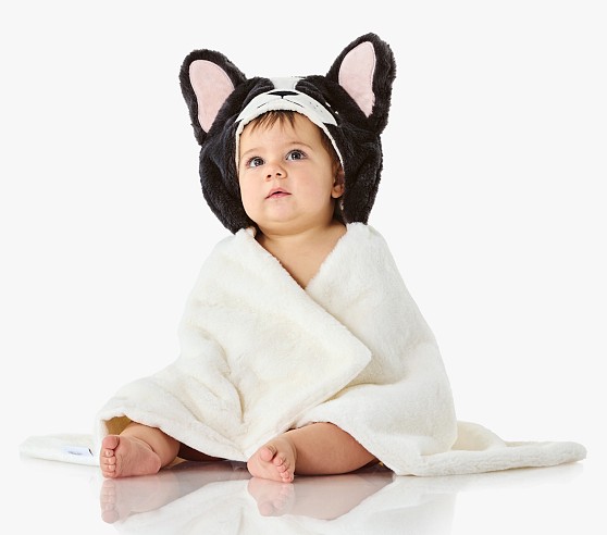 Pottery Barn Kids Pippa Frenchie Faux Fur Baby Hooded Towel - $49.00.
