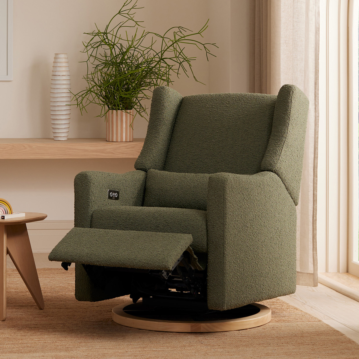 babyletto Kiwi Electronic Recliner and Swivel Glider - Olive Boucle With Light Base.