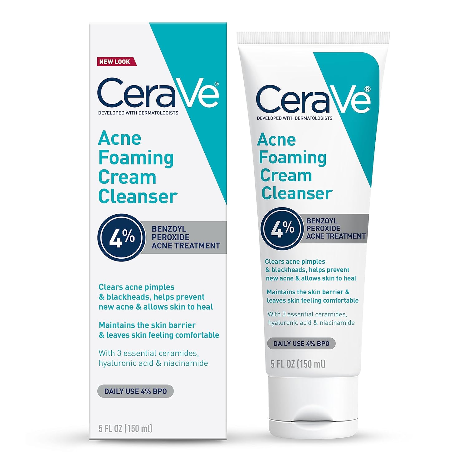 CeraVe Acne Foaming Cream Cleanser, 4% Benzoyl Peroxide Face Wash.