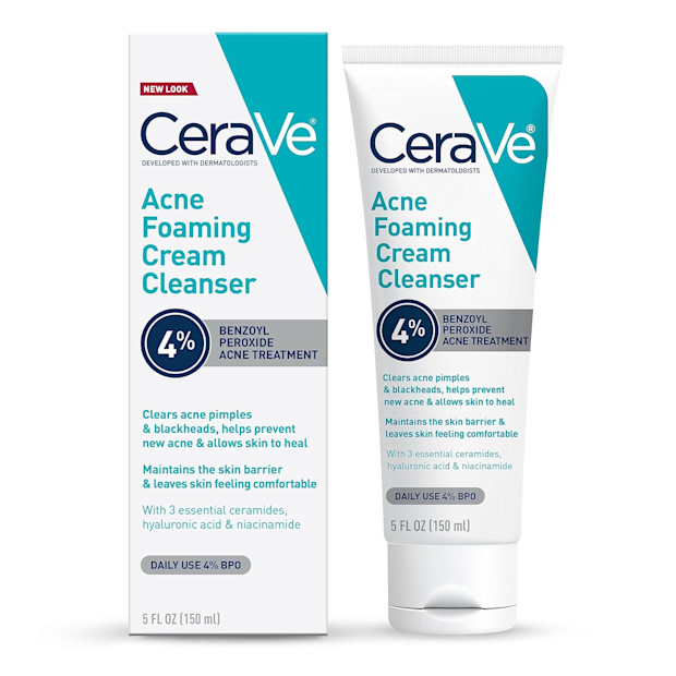 CeraVe Acne Foaming Cream Cleanser, 4% Benzoyl Peroxide Face Wash.