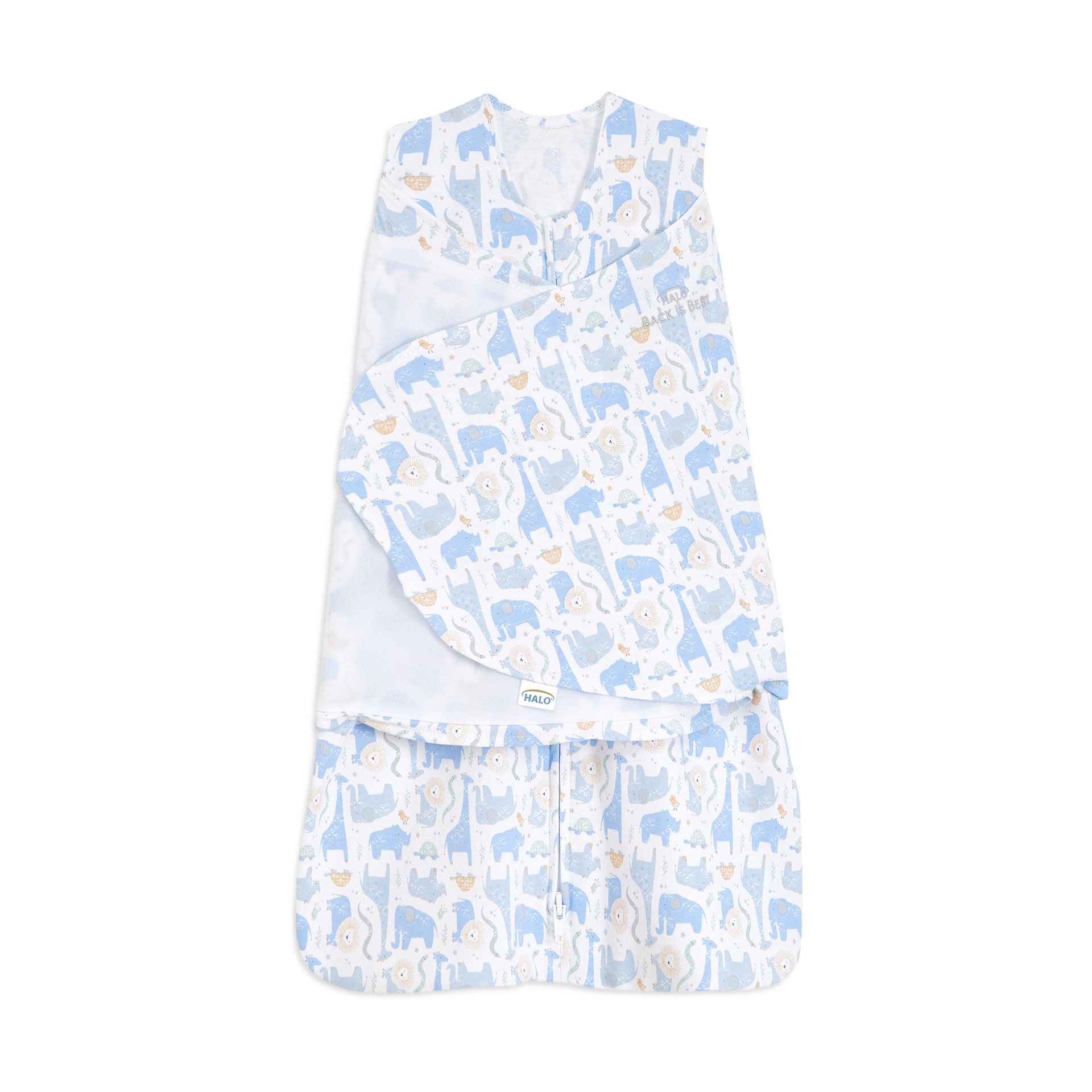 HALO 100% Cotton Sleepsack Swaddle, 3-Way Adjustable Wearable Blanket, TOG 1.5, Blue Safari, Newborn, 0-3 Months