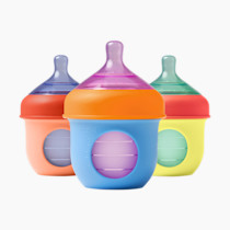 Boon Nursh Reusable Silicone Pouch Baby Bottles - Slow Flow Nipple - Silicone Baby Bottle Pouch and Nipple - Baby Feeding Essentials - Color Block - 0-3 Months - 3 Count - 4 Ounce