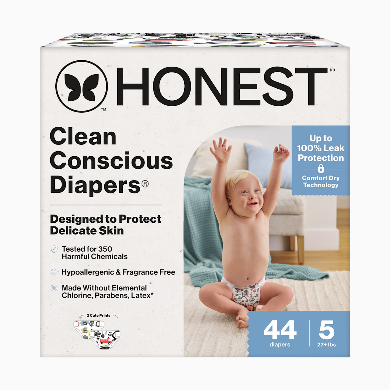 The Honest Company Clean Conscious Disposable Diapers Size 3-5 - Big Trucks + All The Letters, Size 5, 44 Count.