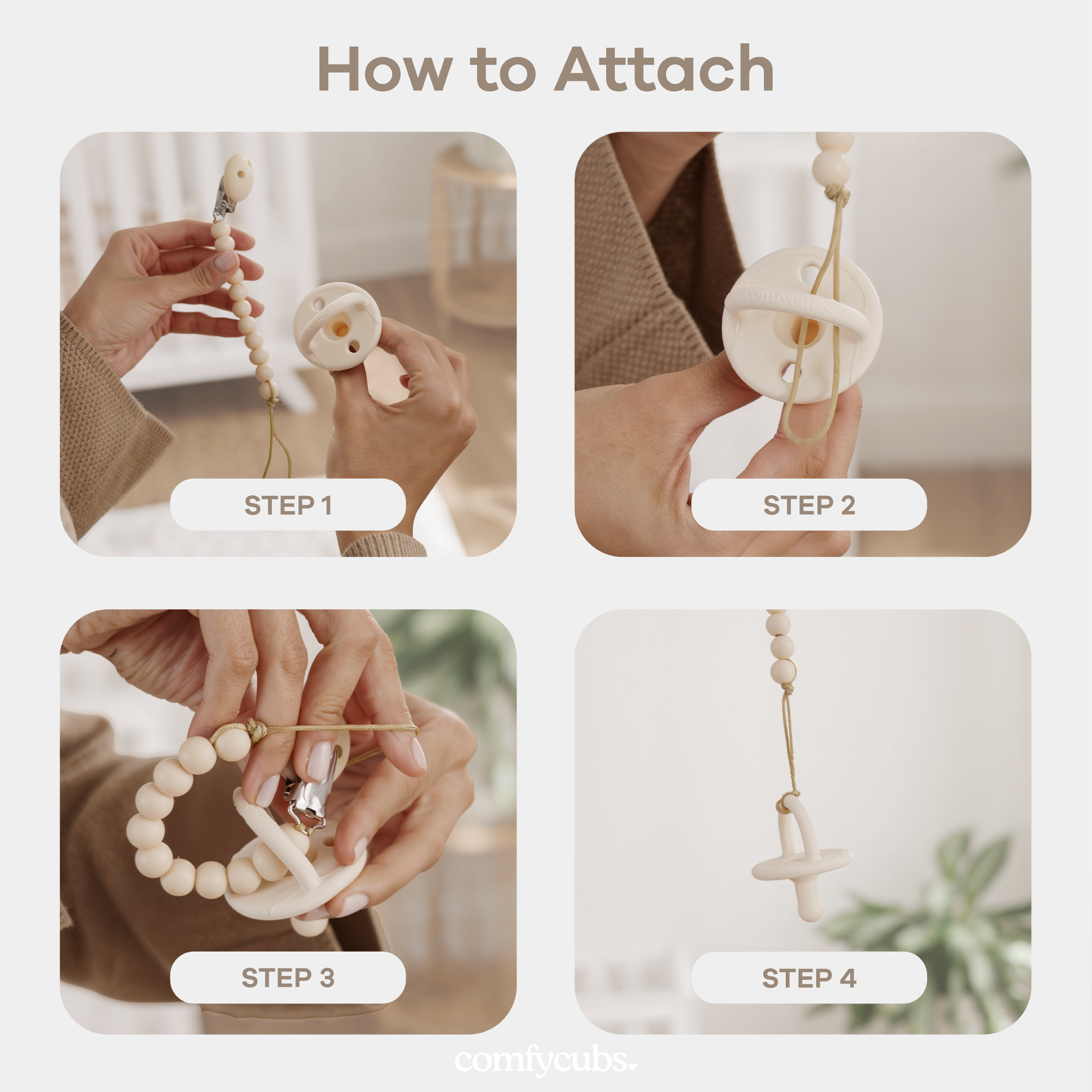 Comfy Cubs Pacifier Clips 100% Food Grade Silicone (2 Pack) - Beige, Light Beige, And White.