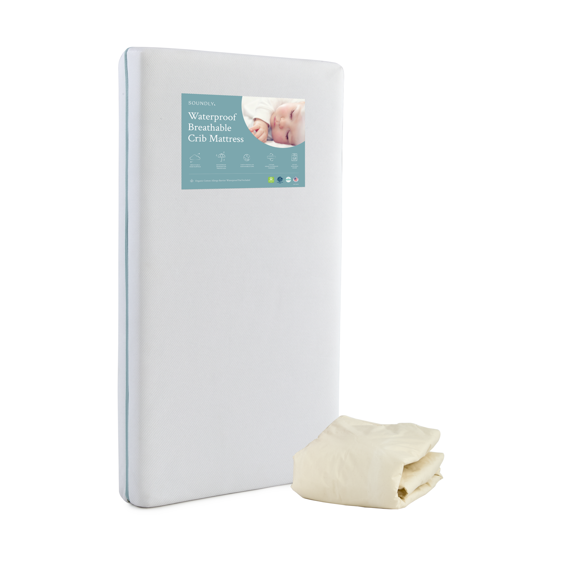 Soundly Waterproof Breathable Crib Mattress with Organic Pad White