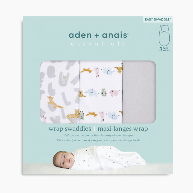 Aden + Anais Essentials Cotton Wrap Swaddles (3 Pack) - Alphabet Animals, 0-3 Months, 3.