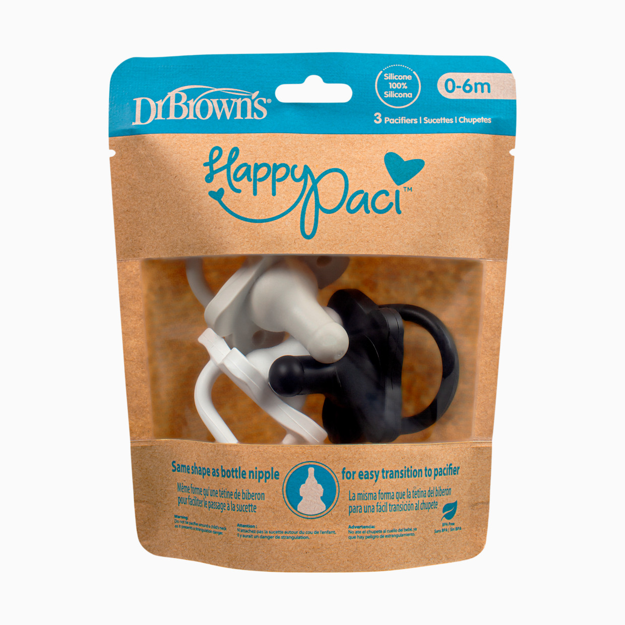 Dr. Brown's HappyPaci One-Piece Silicone Pacifier (3 Pack) - Black, Gray, White.