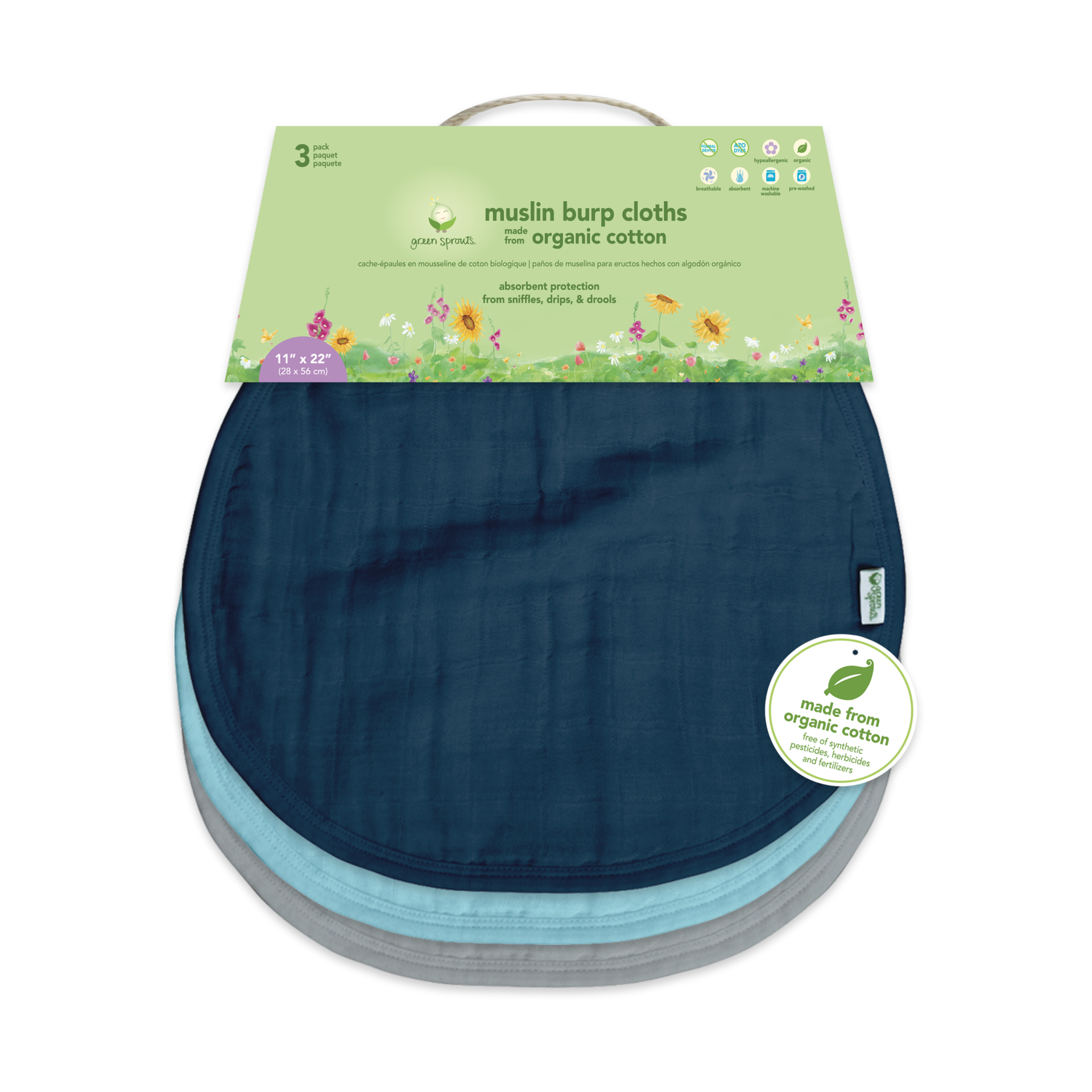 GREEN SPROUTS Muslin Burp Cloths (3 Pack) - Blue Set | Babylist Shop