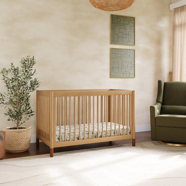 babyletto Gelato 4-in-1 Convertible Crib with Toddler Bed Conversion Kit - Honey With Vegan Tan Leather Feet.