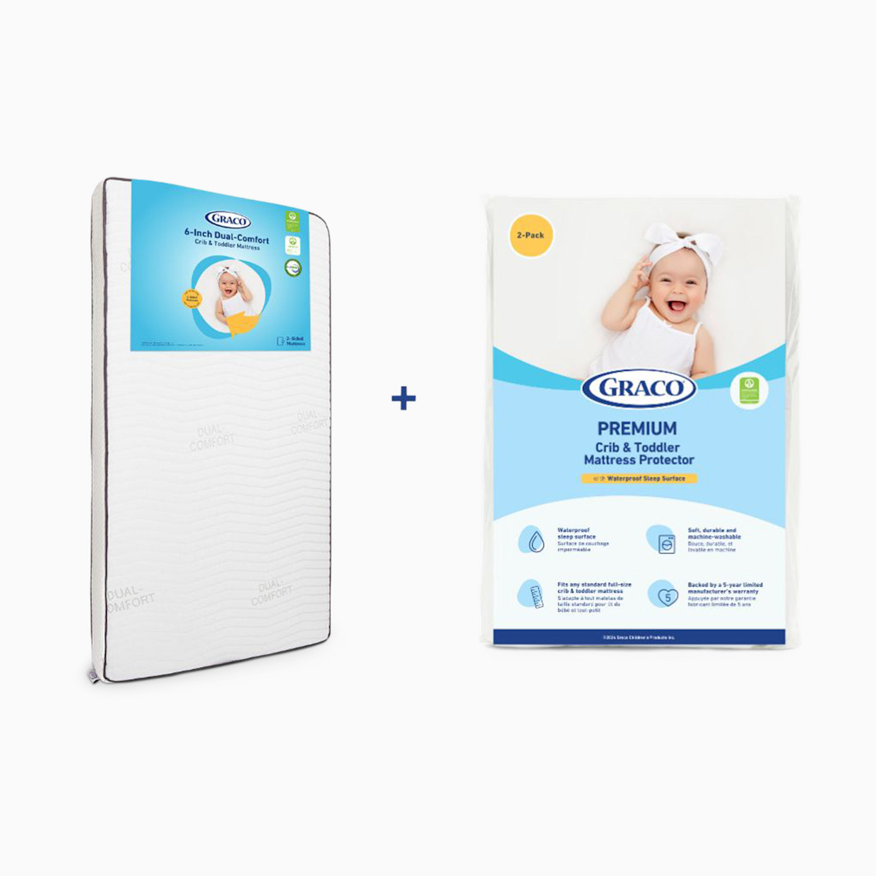 Graco Dual Comfort 6-Inch Crib & Toddler Mattress + Premium Waterproof Mattress Protector - 2.