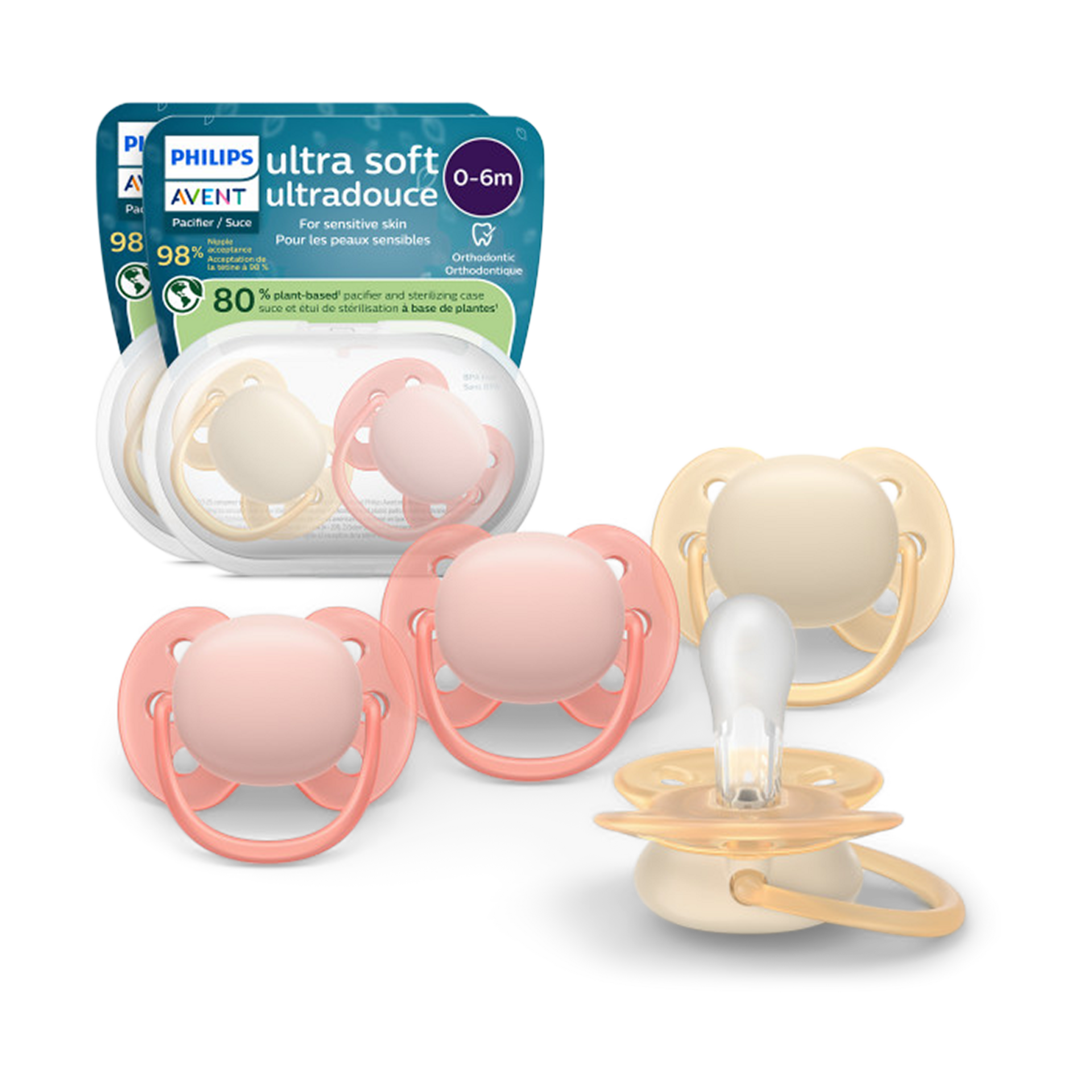 Philips Avent Ultra Soft Pacifiers - Orthodontic Design, for Babies 0-6 Months, Flexible Shield, Silicone Symmetrical Nipple, BPA-Free, 2 Sterilizing Cases, 4 Pack, SCF091/47