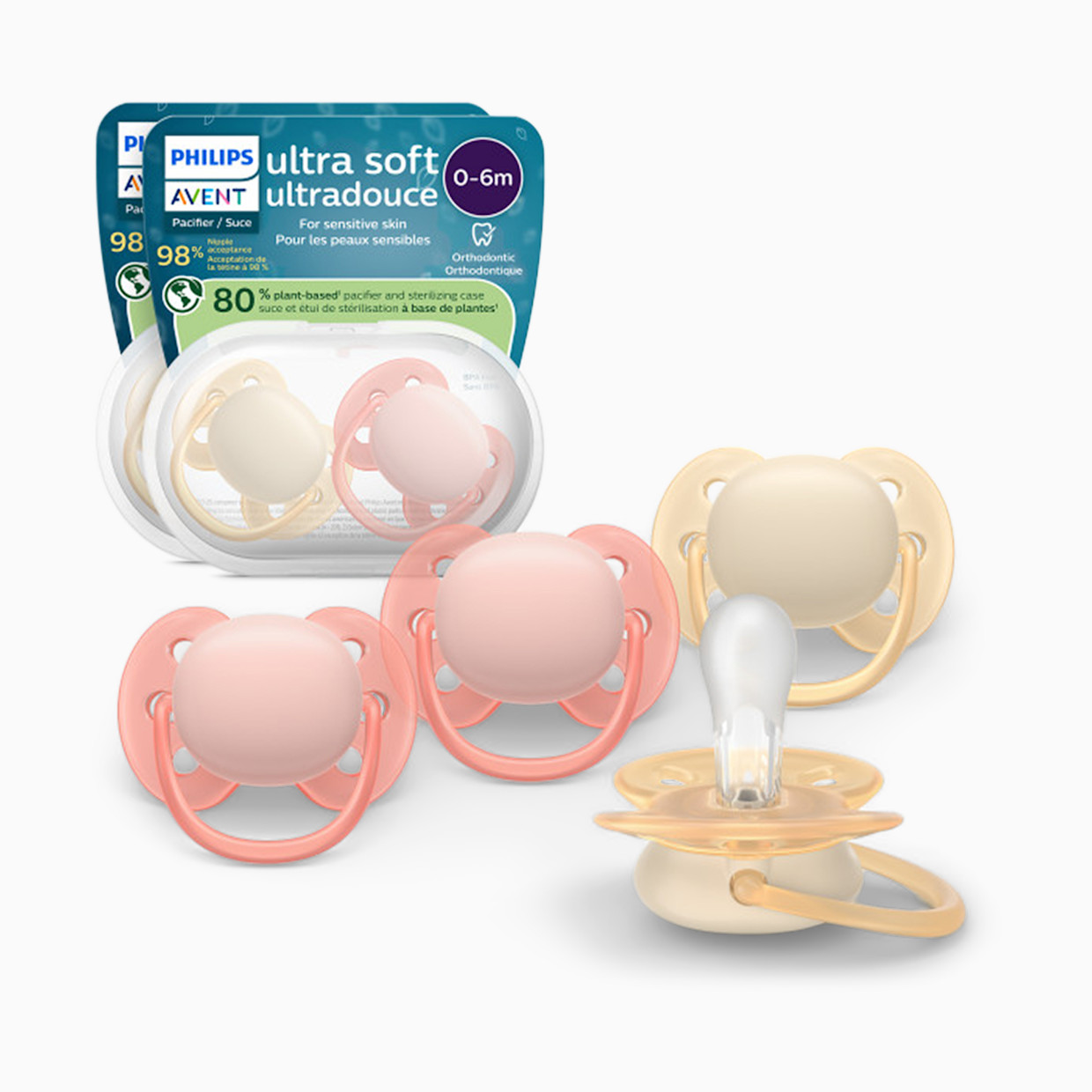 Philips Avent Ultra Soft Pacifier 0-6M (4 Pack) - Sand / Soft Blossom, 0-6M.