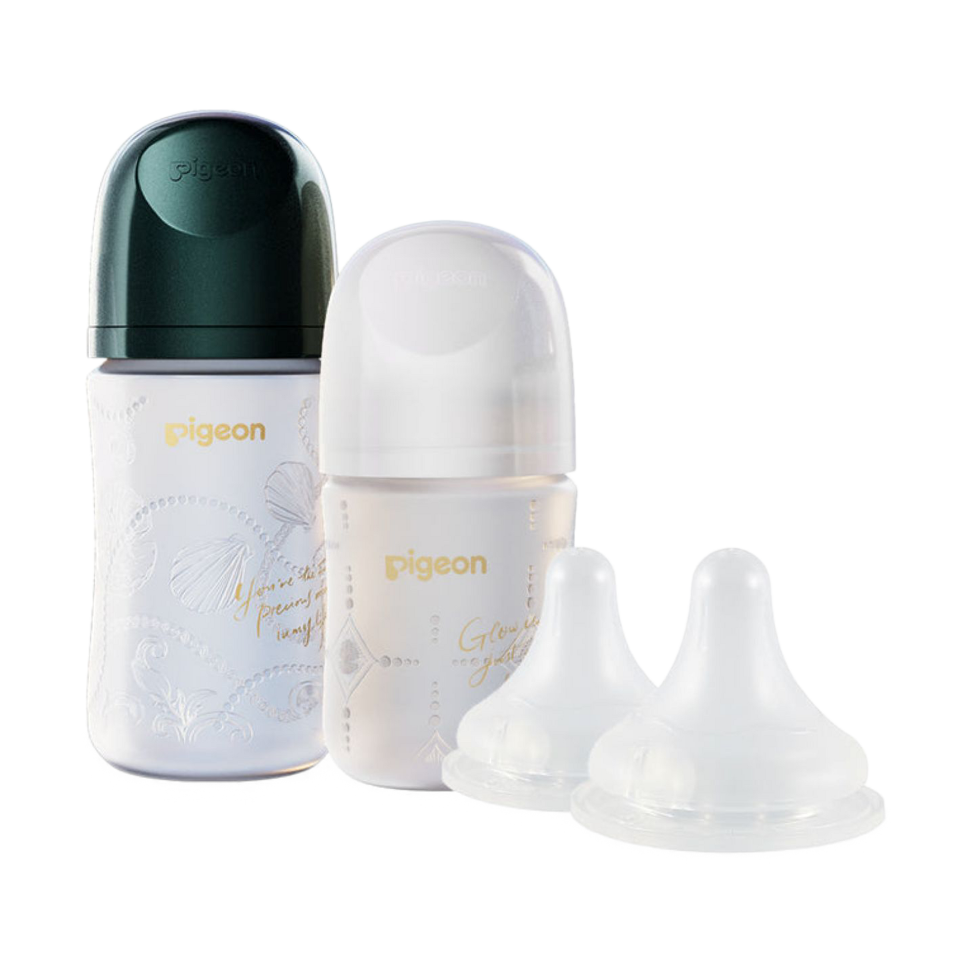 Pigeon Glass Baby Bottle Feeding Gift Set with Silicone Coating, Nurture & Nest, Anti-Colic Wide Neck & Latch-On Nipple, 2 Bottles (5.4/8.1 Oz) and 2 Extra Stage 2/4 Nipples