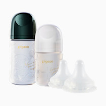 Pigeon Glass Baby Bottle Feeding Gift Set with Silicone Coating, Nurture & Nest, Anti-Colic Wide Neck & Latch-On Nipple, 2 Bottles (5.4/8.1 Oz) and 2 Extra Stage 2/4 Nipples