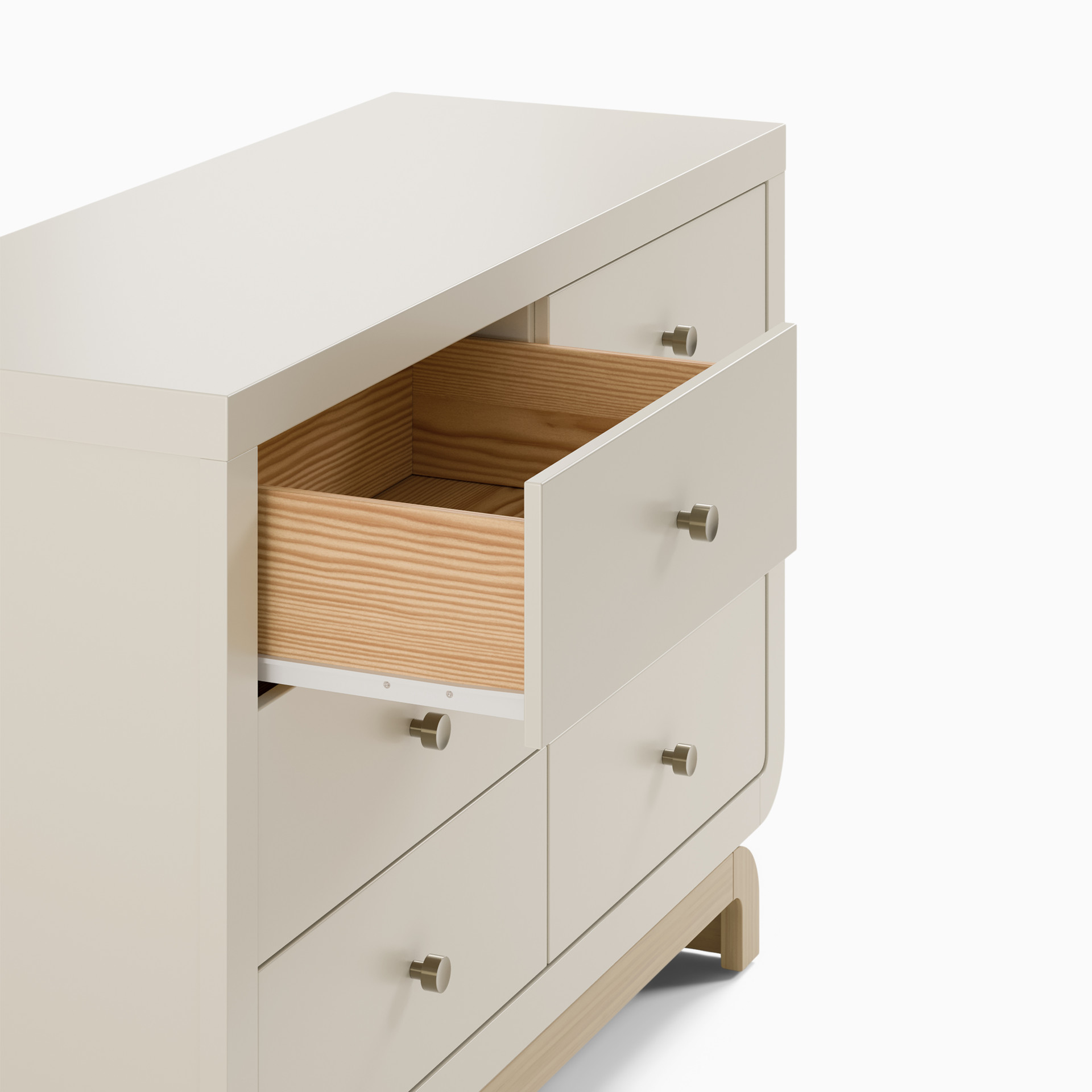 Open drawer of the dresser showing wooden insert.