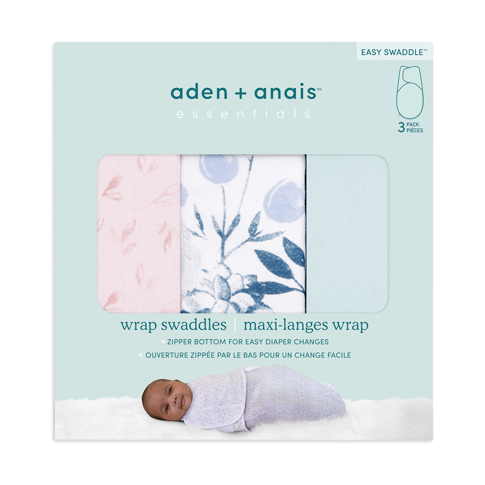 Aden + Anais Essentials Cotton Wrap Swaddles (3 Pack) - Flowers Bloom, 0-3 Months, 3.