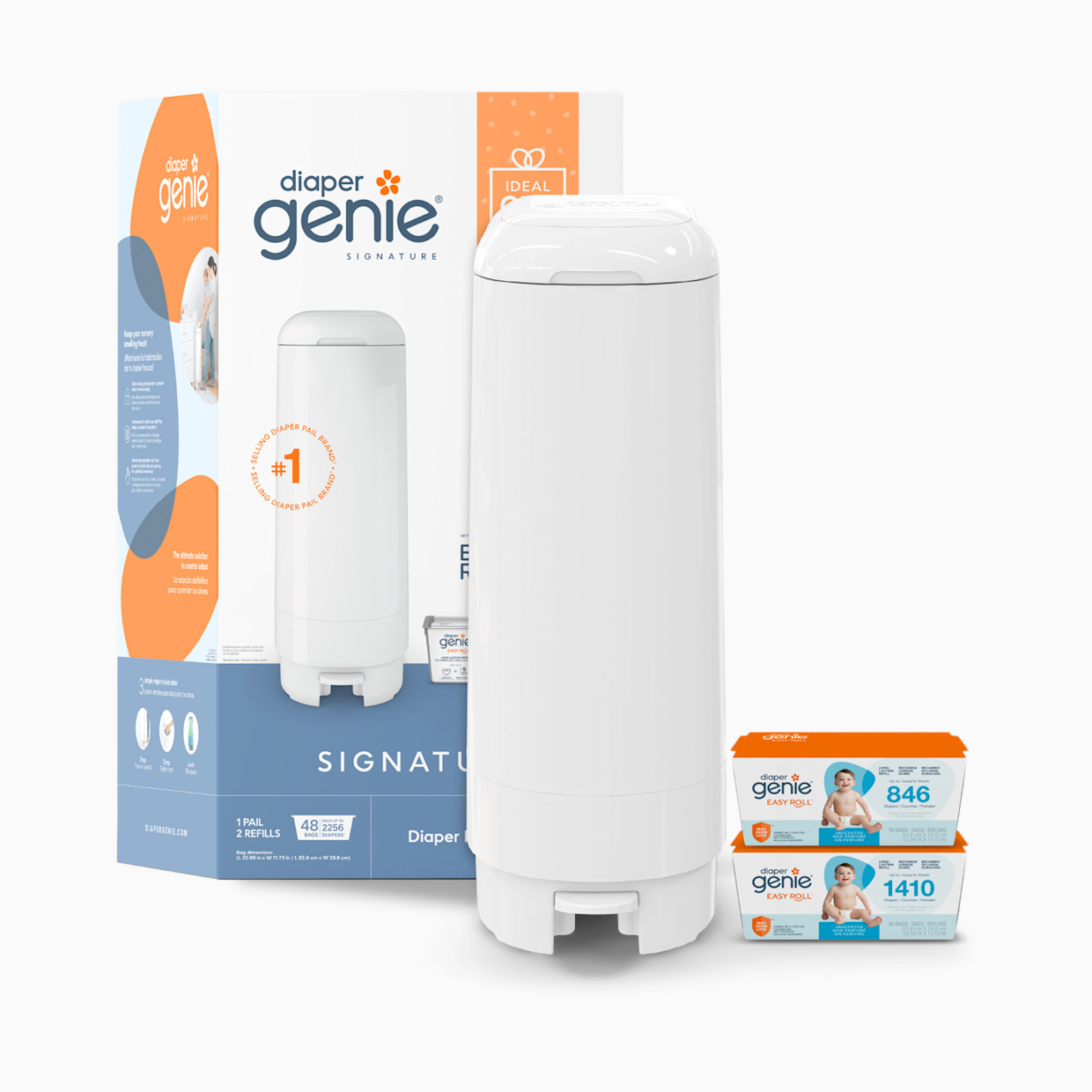 Diaper Genie Signature Diaper Pail Gift Set with 48 Refill Bags - White, Unscented.
