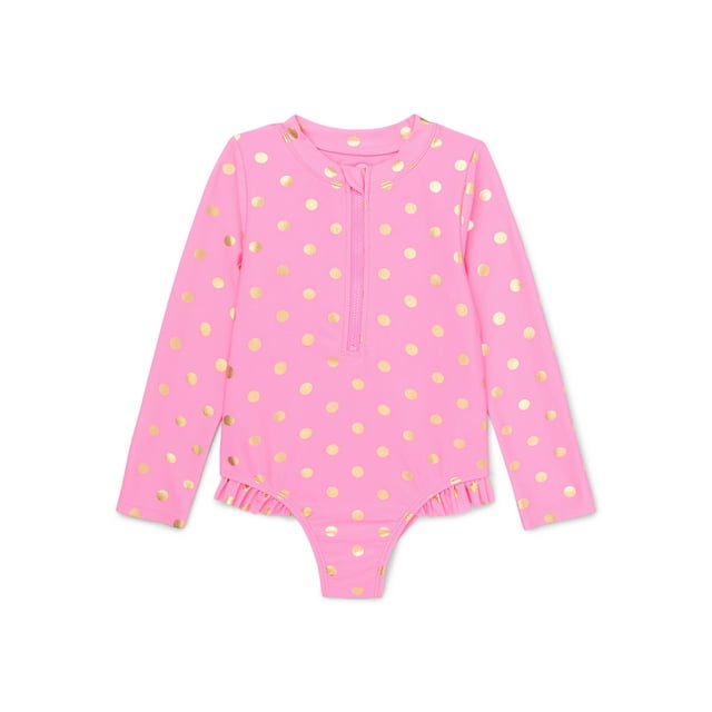 Wonder Nation Toddler Girl Zip Rash Guard One-Piece Swimsuit.