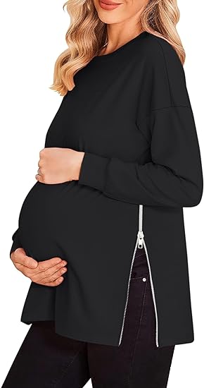 Miladusa Women's Maternity Shirts Long Sleeve Sweatshirt Zipper Split Side Pregnancy Casual Tunic Top.