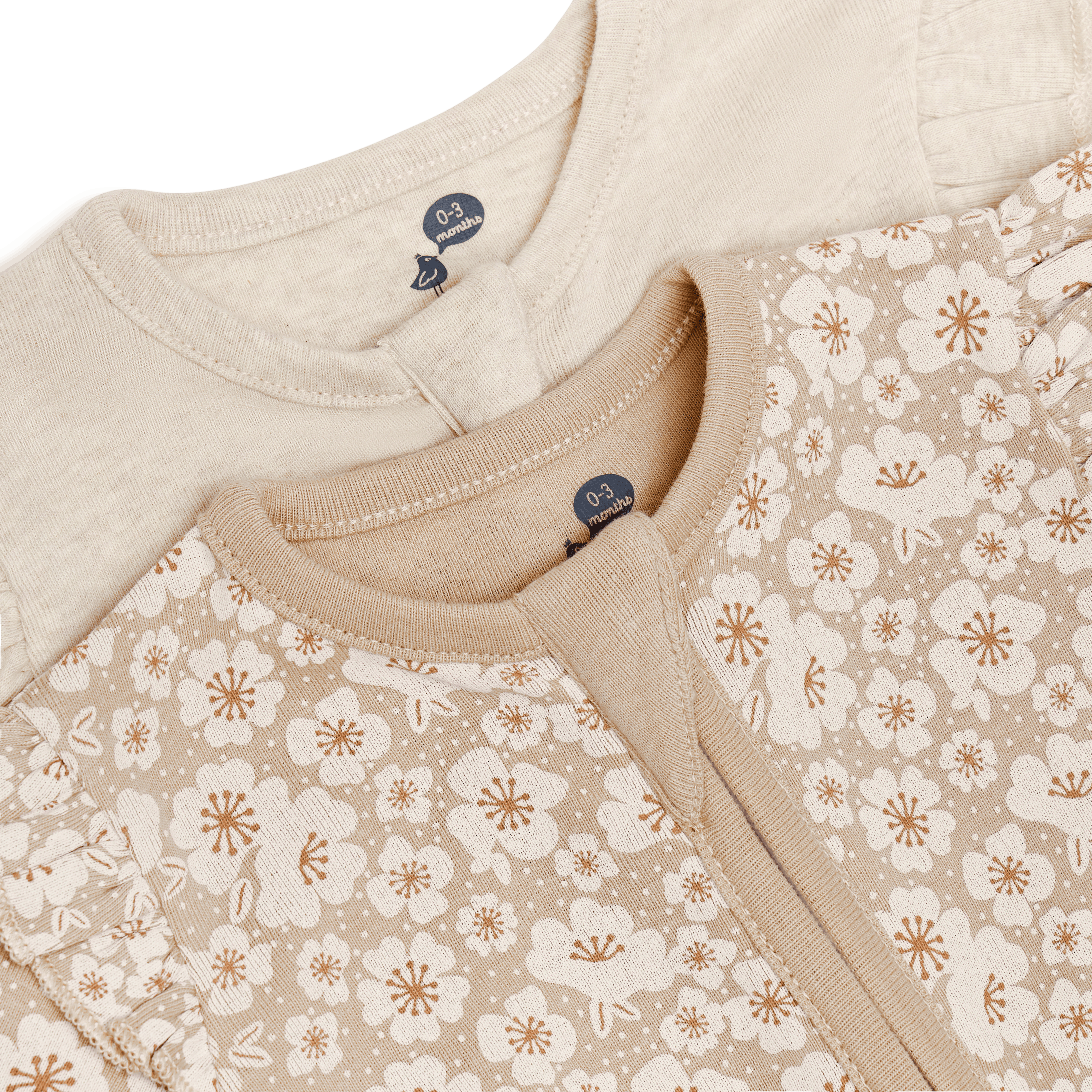 Small Story Organic Cotton Ruffle 2-Way Zip Footie (2 Pack) - Beige Floral & Oatmeal Heather, 3-6 M.