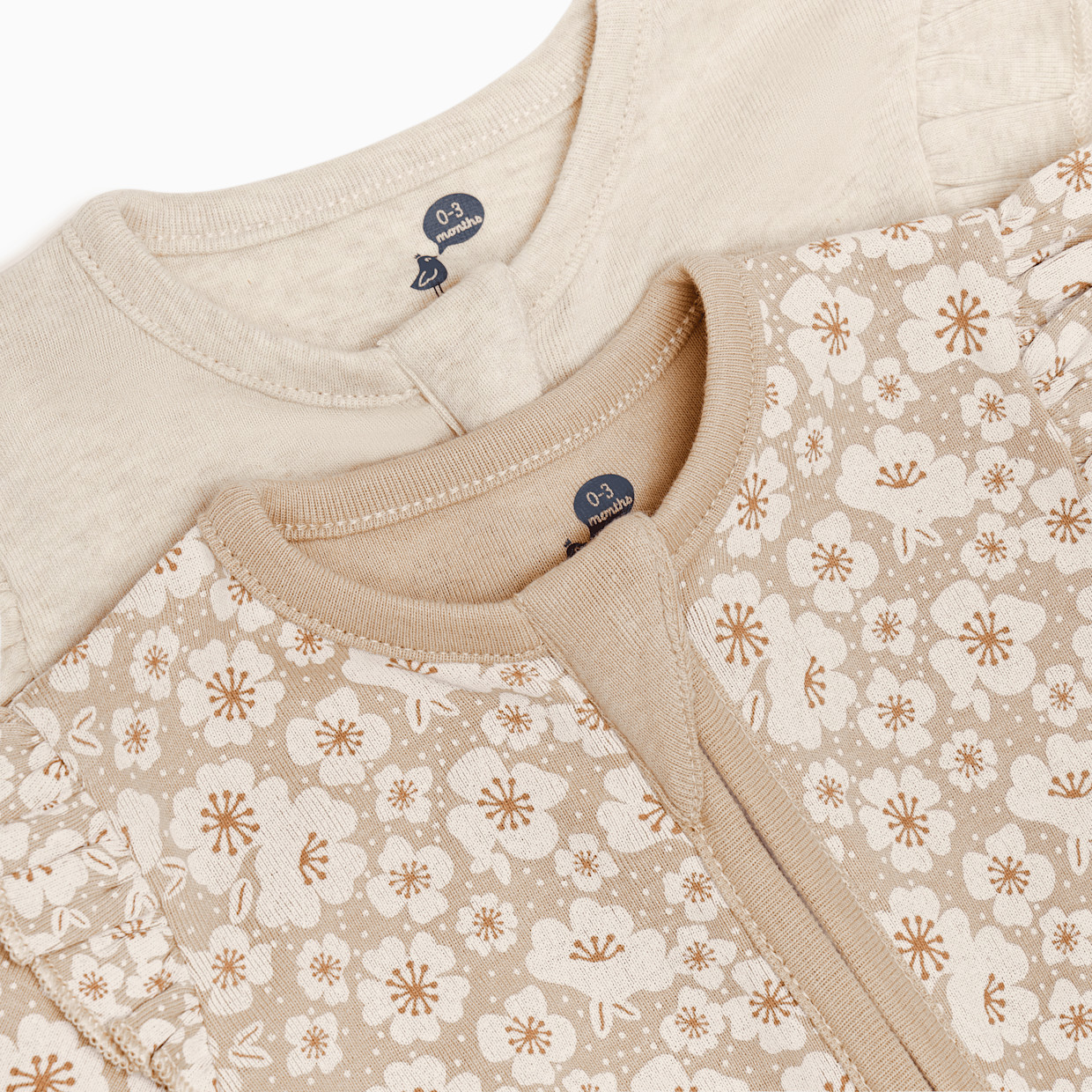 Small Story Organic Cotton Ruffle 2-Way Zip Footie (2 Pack) - Beige Floral & Oatmeal Heather, 3-6 M.