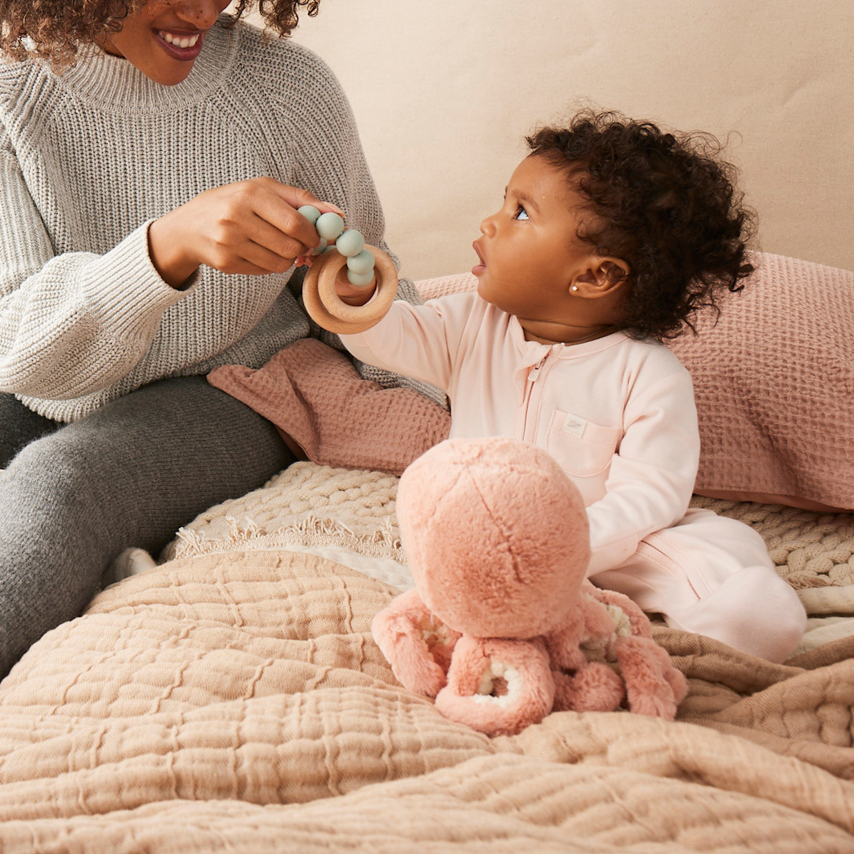 AEIOU Silicone & Wood Multi-Ring Teether - Oat Milk.