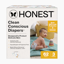 The Honest Company Clean Conscious Diapers for Sensitive Skin | Hypoallergenic, Fragrance Free | Gender Neutral Prints | Club Box, Size 3 (16-28 lbs), 62 Count (Prints May Temporarily Vary)